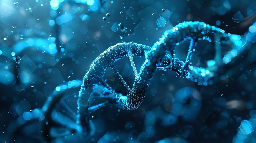 Et digitalt gengivet nærbillede af en blå DNA-dobbelthelix med lysende partikler på en sløret, abstrakt baggrund, der antyder et videnskabeligt eller mikroskopisk miljø.