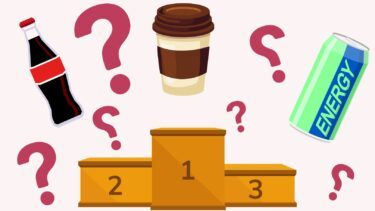 En illustration af kaffe, cola og energidrik på et podium og en masse spørgsmålstegn
