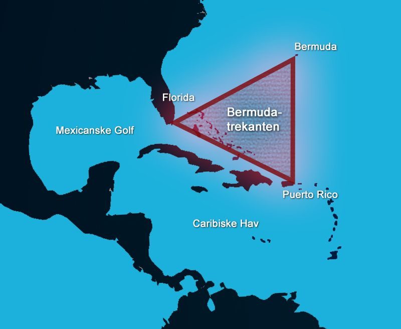 Et kort, hvor Bermudatrekanten er markeret - dens tre hjørner er henholdsvis sydspidsen af Florida, Puerto Ricos østkyst og øen Bermuda