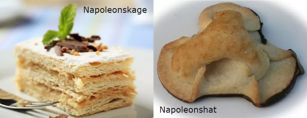 Sammenligning side om side af en lagdelt Napoleonskage toppet med mynte og chokolade (til venstre, mærket Napoleonskage) og en hatformet småkage med chokoladedyppede kanter (til højre, mærket Napoleonshat).