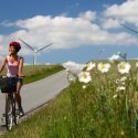 Kvinde cykler på dansk landevej på en sommerdag, vindmølle i baggrunden, marguritter i forgrunden