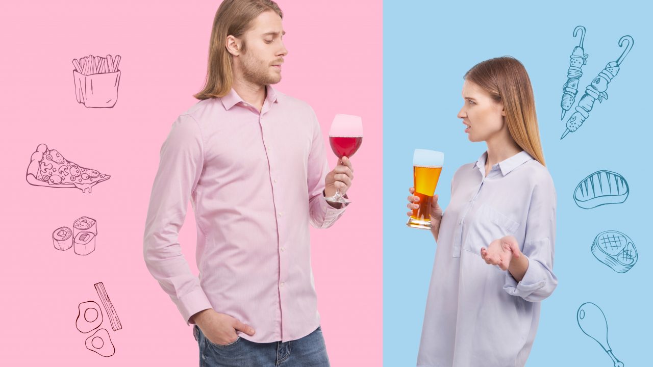 mand kvinde par mad vin øl smag forskellig kontrast mad