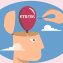 Illustration af person, der får sprængt stressboblen i hovedet