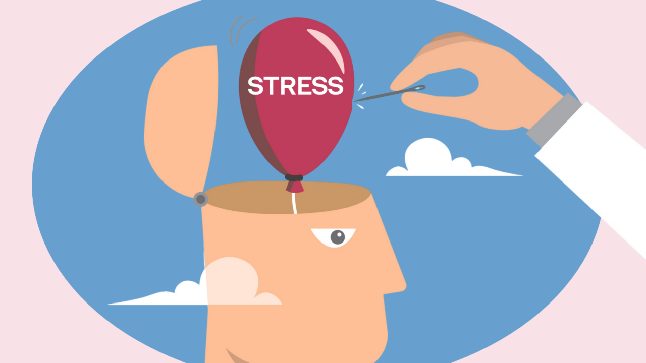 Illustration af person, der får sprængt stressboblen i hovedet