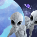 To nysgerrige Aliens titter frem ved en lilla planet i en fjern galakse