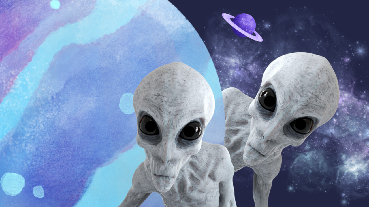 To nysgerrige Aliens titter frem ved en lilla planet i en fjern galakse