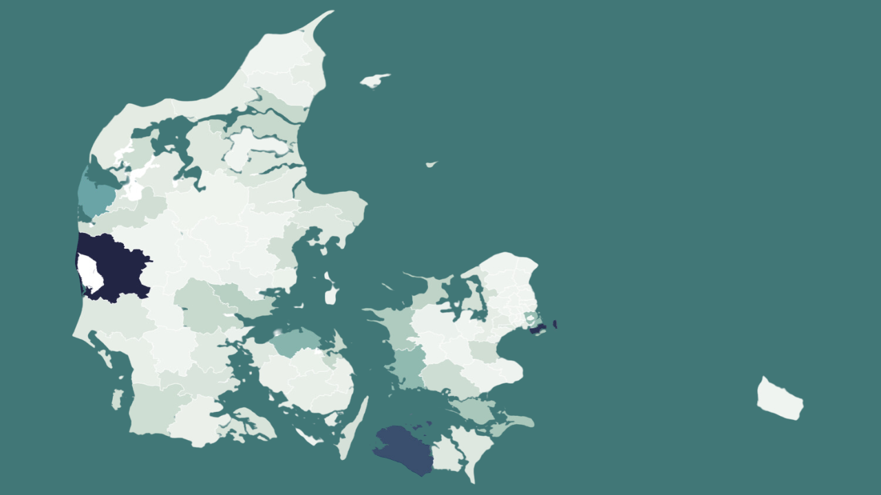 Kort over kommuner i Danmark og risikoen for oversvømmelser