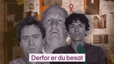 Tre seriemordere kigger på kameraet. Tekst på billedet "Derfor er du besat"