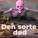 Et maleri af en by i gamle dage, hvor døden i form af et skelet favner over byen.