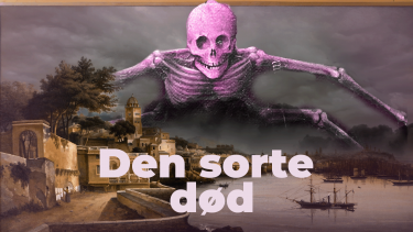Et maleri af en by i gamle dage, hvor døden i form af et skelet favner over byen.