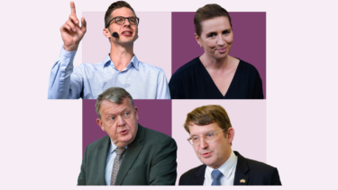 En collage af fire personer: en mand med briller og headset, der gestikulerer opad, en kvinde i mørk bluse, der smiler, en mand i jakkesæt, der kigger til venstre, og en anden mand med briller og jakkesæt på en lilla baggrund.