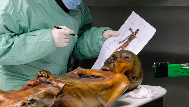 Ismumien Ötzi bliver undersøgt af en forsker