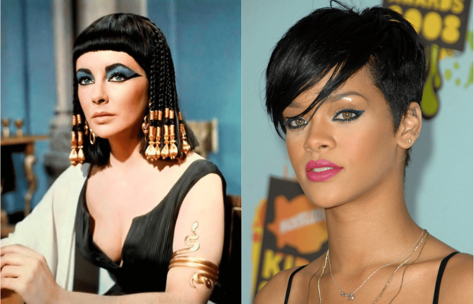Billede fra filmen Cleopatra og et billede af Rihanna. Begge med egyptisk inspireret make-up.