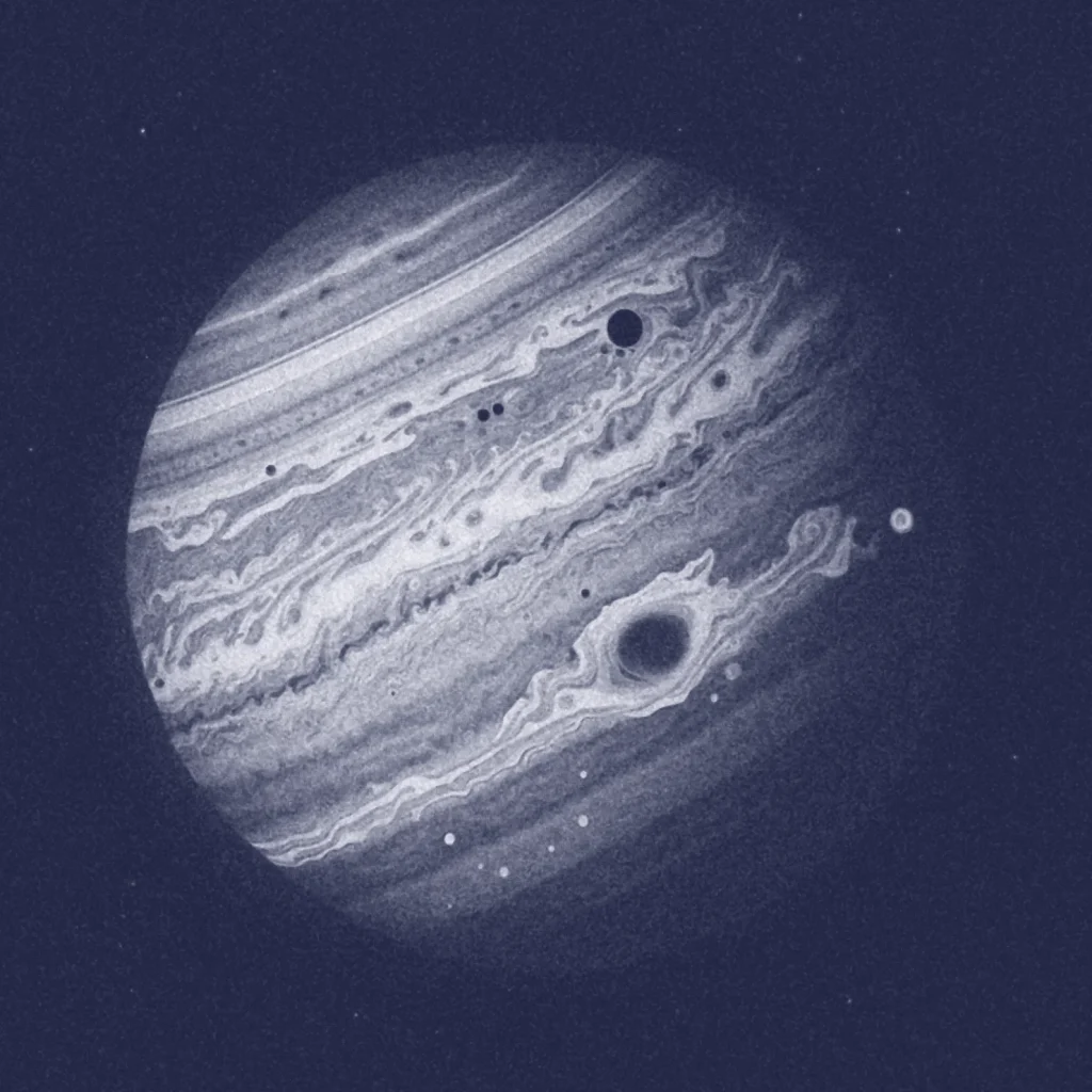 Et detaljeret billede af Jupiter, der viser dens farverige skybånd og den fremtrædende Store Røde Plet, en hvirvlende storm, mod en sort baggrund.