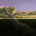 En kunstners illustration af den nye phytosaur, som her kun har hovedet over vand. På land ses andre dinosaurer.