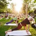 En gruppe mennesker dyrker yoga i en park