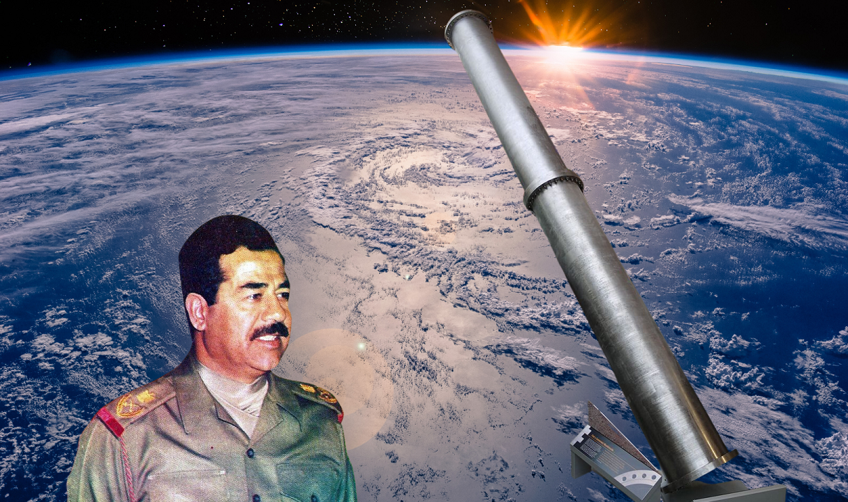 Collage af Saddam Hussein og rumkanonen Big Babylon