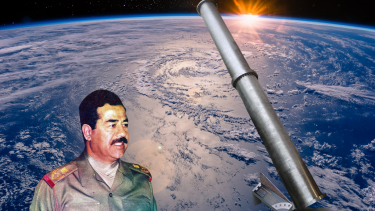 Collage af Saddam Hussein og rumkanonen Big Babylon