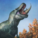 Illustration af T. Rex, som sluger en mindre dinosaur i én mundfuld