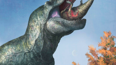 Illustration af T. Rex, som sluger en mindre dinosaur i én mundfuld