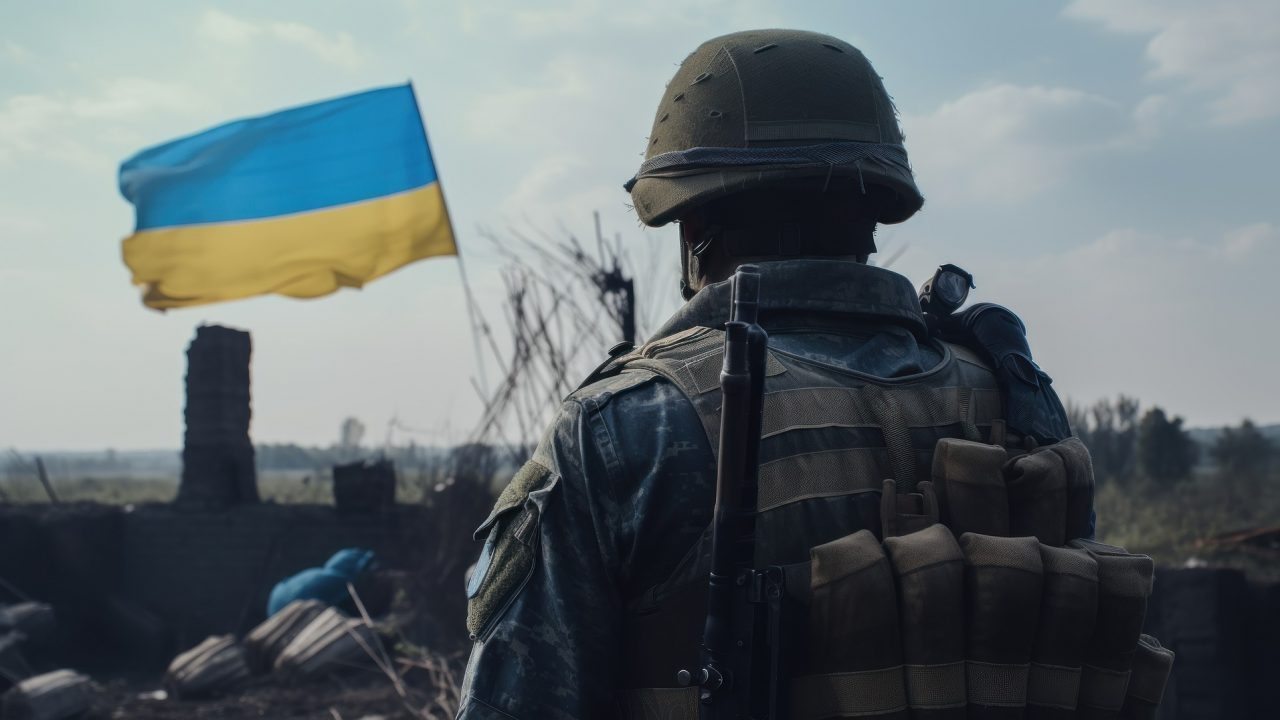En ukrainsk soldat står på slagmarken og kigger på et stort ukrainsk flag.
