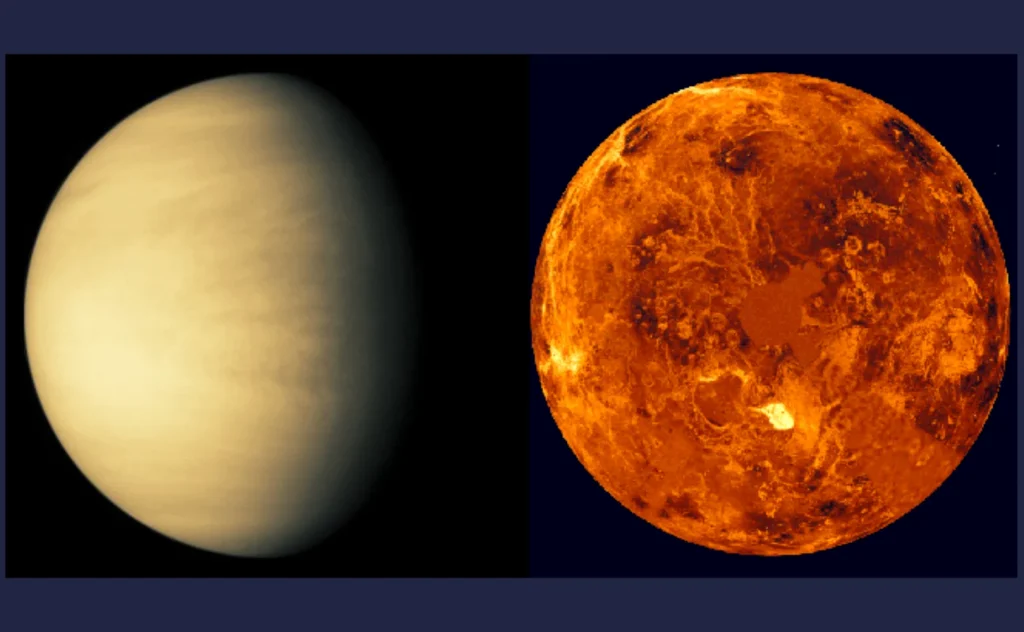 Ti venstre: Et billede af Venus overflade taget med kamera, hvor skyerne dækker overfalden. Til højre: Et computergenereret billede af Venus brandvarme overflade, der er skabt ved hjælp af radar.