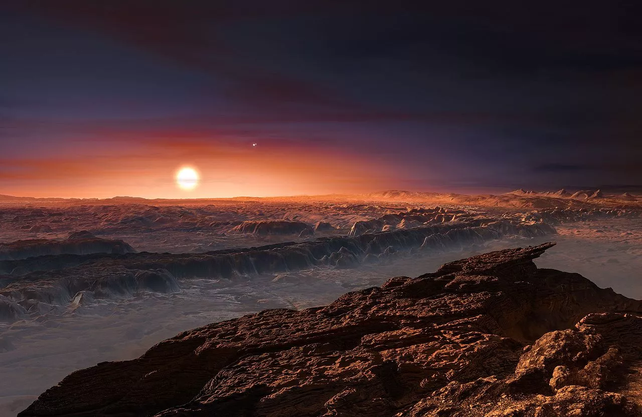 Illustration af udsigten fra en planet i Alfa Centauri-systemet