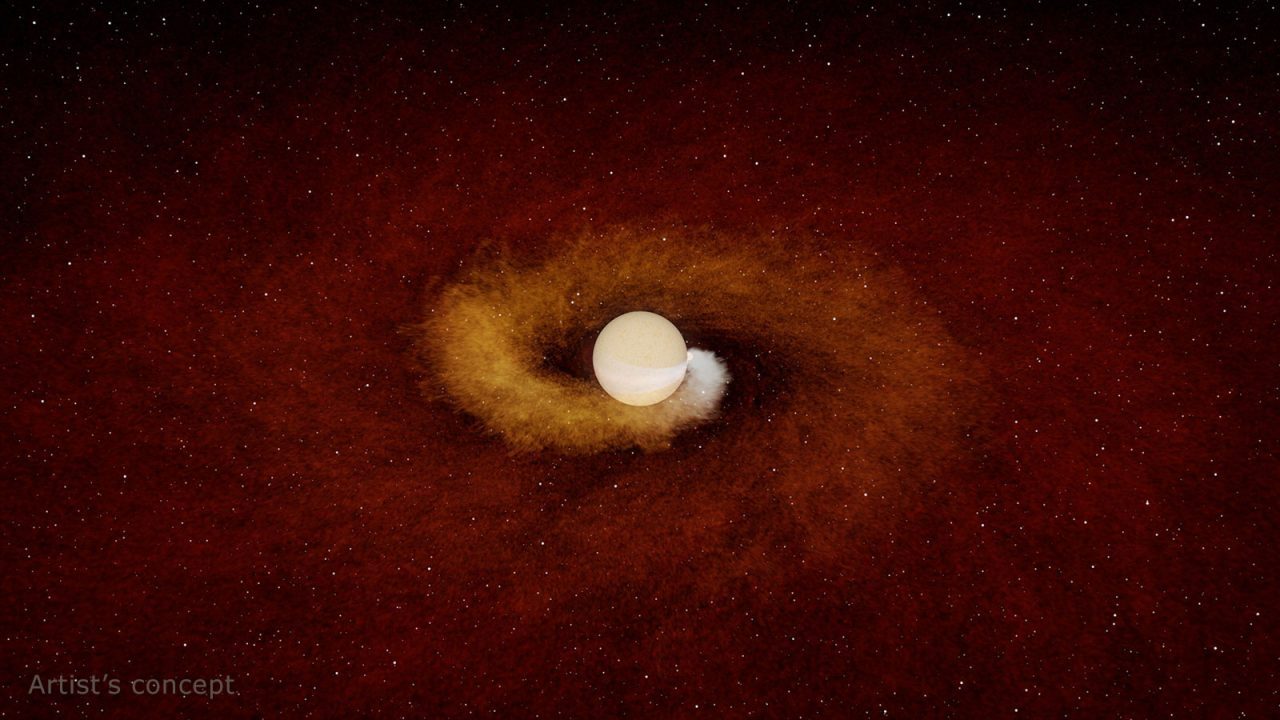 Her har en kunstner forsøgt at visualisere, hvordan en stjerne "sluger" en planet. Planeten er en lysende kugle i midten af billedet, og den døende stjerne kredser rundt om planeten.