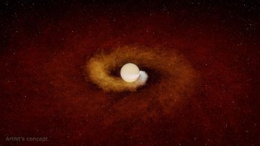 Her har en kunstner forsøgt at visualisere, hvordan en stjerne "sluger" en planet. Planeten er en lysende kugle i midten af billedet, og den døende stjerne kredser rundt om planeten.