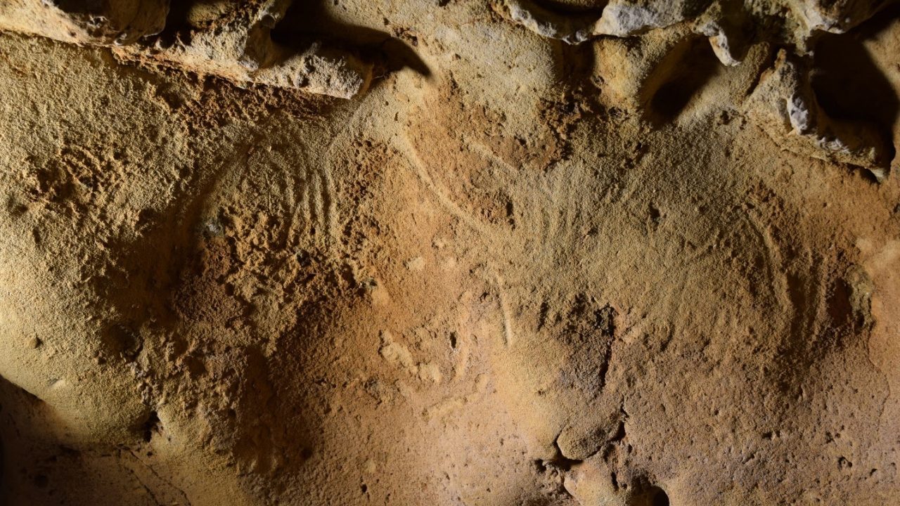 Mærker lavet af neandertalere for 57.000 år siden på en brun klippevæg i fransk grotte
