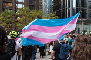 Stort transkønnet pride-flag vejrer over en demonstration i USA