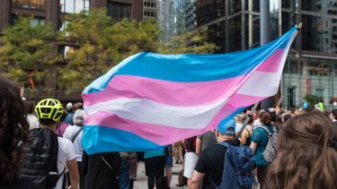 Stort transkønnet pride-flag vejrer over en demonstration i USA
