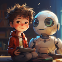 En lille dreng der sidder sammen med sin robotven
