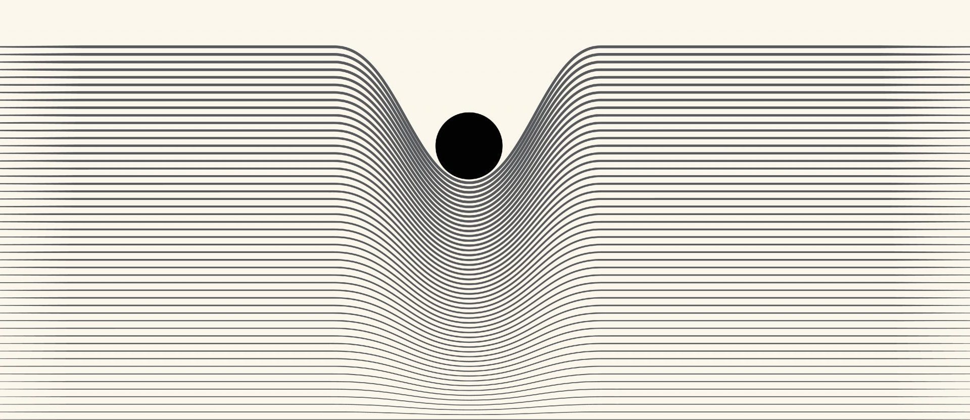 Abstrakt illustration af en sort kugle, der tynges ned gennem lag