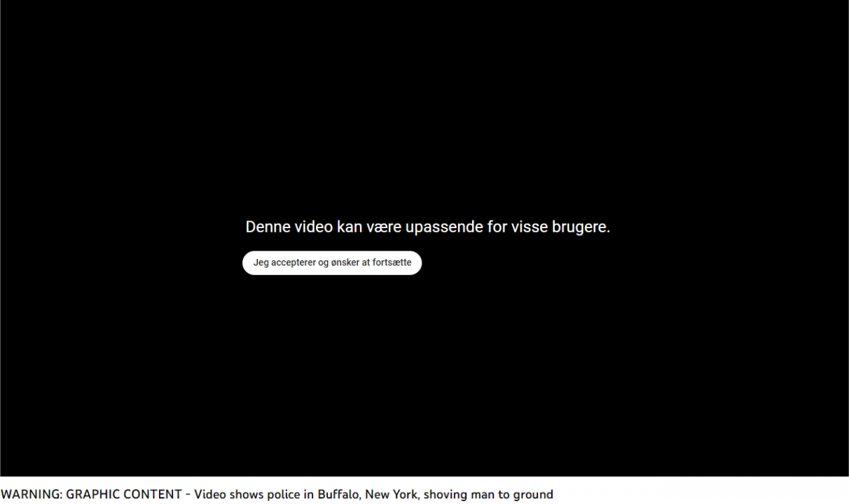 En skærm der advarer om upassende indhold i en YouTube video