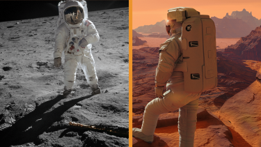 To astronauter på henholdsvis månen og mars