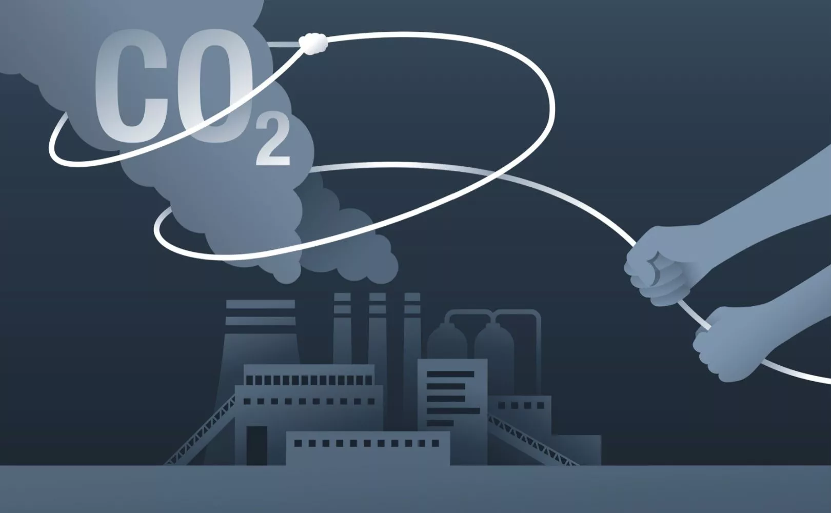 illustration af co2 der kommer ud af skorstenen på en fabrik og bliver fanget af en person med lasso
