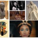Collage, der viser Kleopatra som bl.a. en statue, som en sort kvinde i en halv-ny Netflix-serie og som en hvid kvinde med mørk, skarp frisure med pandehår