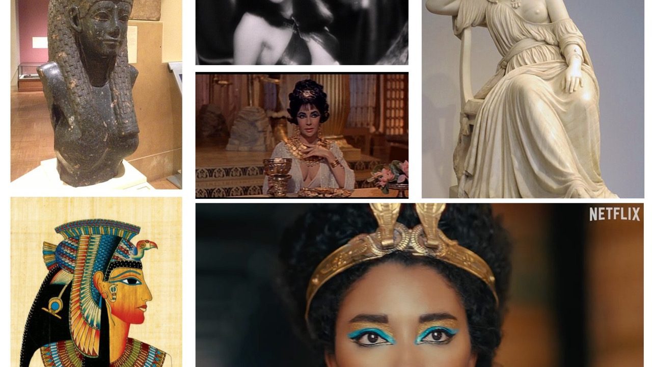 Collage, der viser Kleopatra som bl.a. en statue, som en sort kvinde i en halv-ny Netflix-serie og som en hvid kvinde med mørk, skarp frisure med pandehår