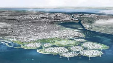 En forudsigelse af, hvordan de ni kunstige øer i Køge Bugt kan tage sig ud. Hvis byggeriet bliver en realitet vel at mærke