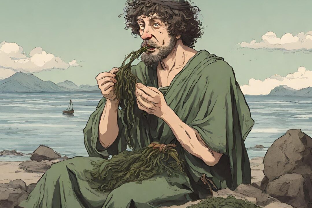 Illustration af fortidsmand, der spiser tang