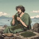 Illustration af fortidsmand, der spiser tang