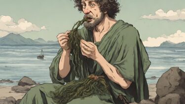 Illustration af fortidsmand, der spiser tang