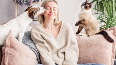Kvinde i sofa mellem en hund og en kat, hunden slikker hende på kinden, katten vil også have opmærksomhed