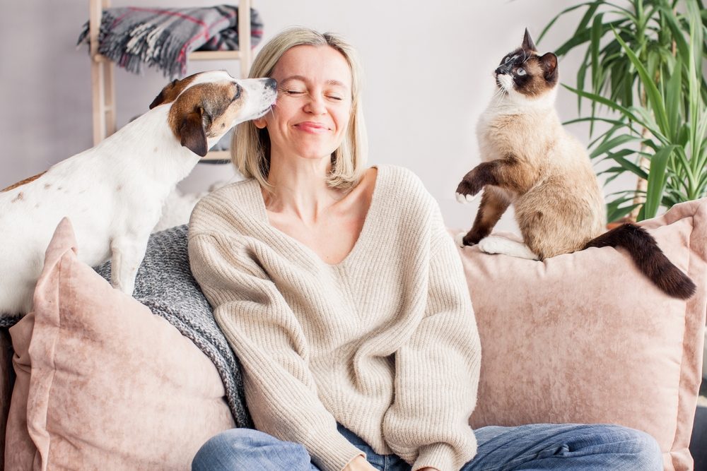 Kvinde i sofa mellem en hund og en kat, hunden slikker hende på kinden, katten vil også have opmærksomhed