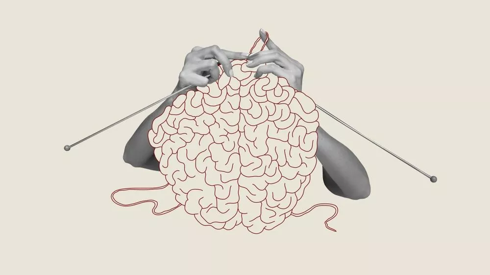 Illustration af en, der strikker, og strkketøjet former en krøllet hjerne