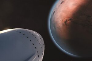 Spidsen af et rumskib, der nærmer sig Mars