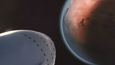 Spidsen af et rumskib, der nærmer sig Mars