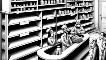 Illustration af tomme hylder på et apotek