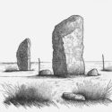 Blyantstegning af gamle stenaldermonumenter